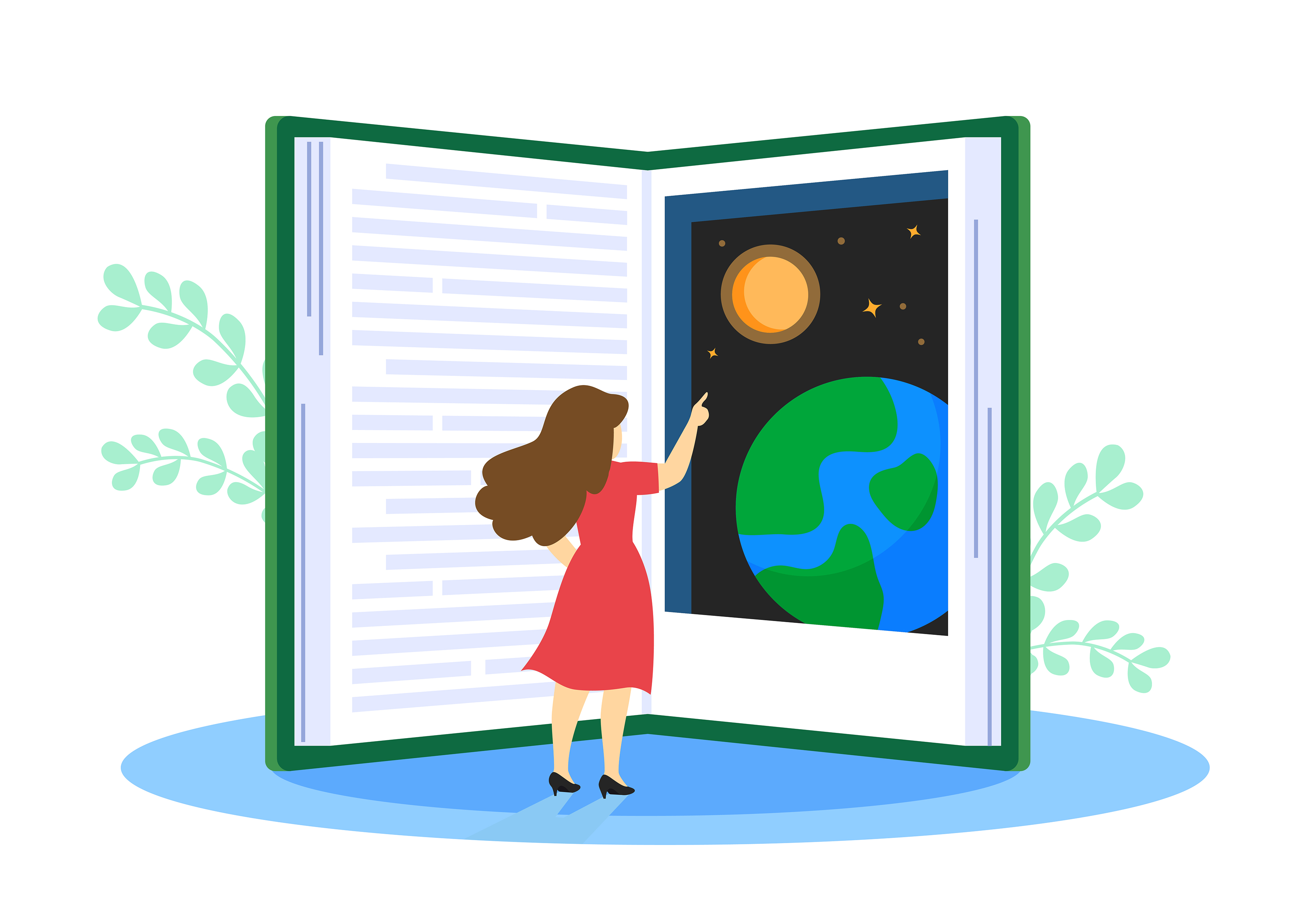 A girl opens a giant book and peers into an image of the sun, the earth, and the space.