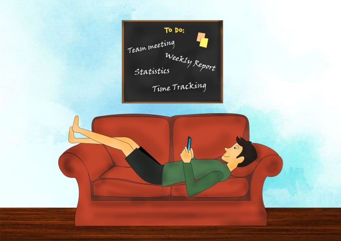 A student lying down on a couch with their phone in hand. A board overhead reads: "To do: team meetings, weekly report, statstics, time tracking"."