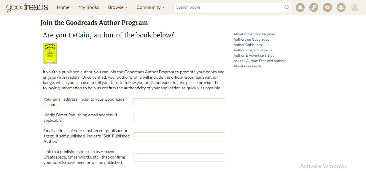 The form authors need to submit in order to get an author page on Goodreads.