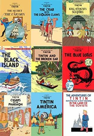 Compiled covers of "The Adventures of Tintin" comic book series.
