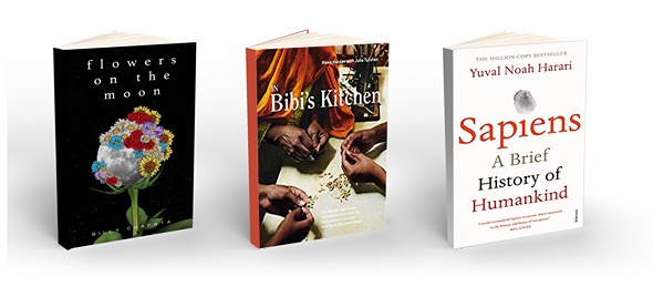Three examples of cover design and layout: "Flowers on the Moon", "In Bibi's Kitchen", and "Sapiens".
