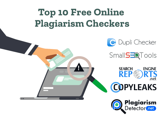 A magnifying glass highlights a plagiarized source on a laptop. On the left side, five logos of popular free plagiarism checkers are depicted. Text reads: Top 10 Free Plagiarism Checkers