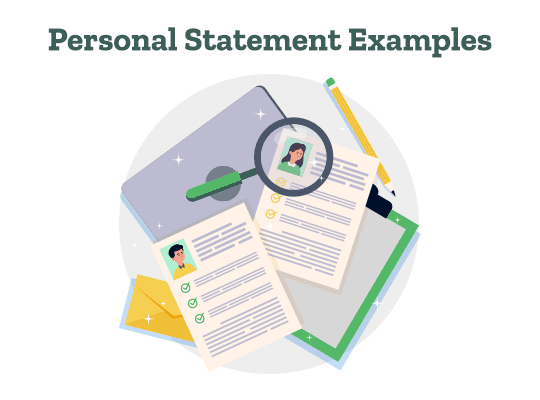 Several personal statement examples laid out, with a magnifying glass highlighting one particular profile.