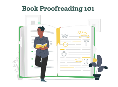 Woman with a book in hand, stands against a book backdrop reading about book proofreading 101.